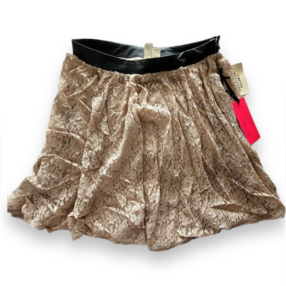 F21 Khaki Lace Skater Skirt w Faux Leather Waist